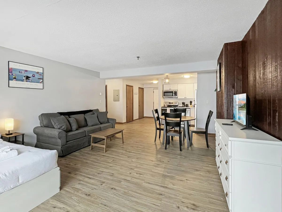 An inviting studio space where the kitchen, dining table, and living area seamlessly blend. Kitchen appliances are easily accessible, and the artwork and décor create a homey, comfortable setting ideal for cooking, dining, and relaxing.